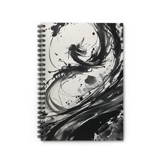 A spiral notebook featuring a serene cherry blossom design, with delicate pink blossoms and a tranquil lake scene on the cover.