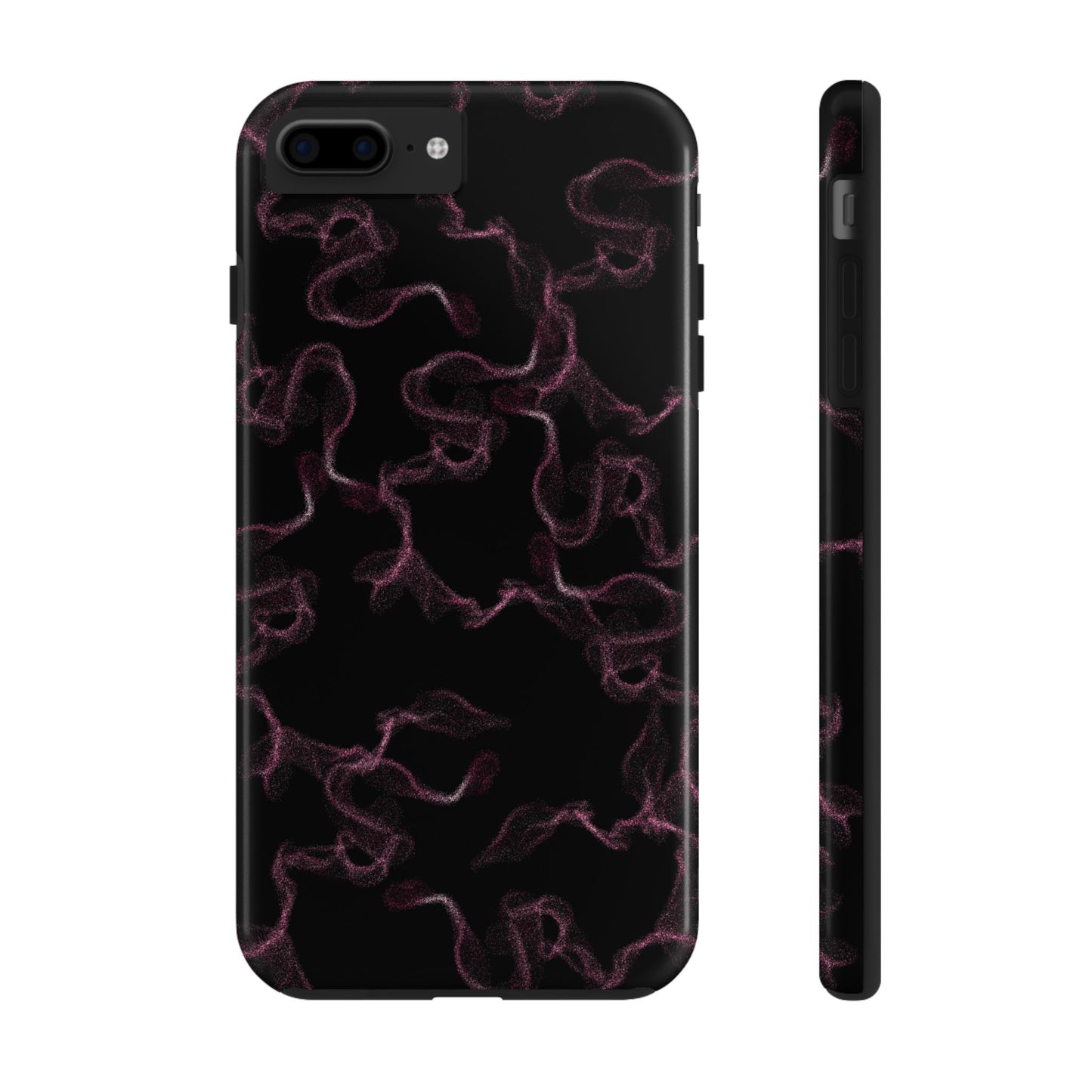 A black phone case with a delicate, ethereal design featuring faint pink floral patterns and swirling lines. The phone has multiple camera lenses at the top left corner.